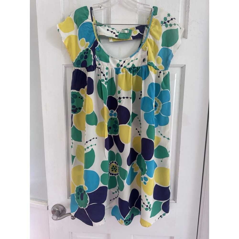 Whitley 100% Silk‎ Floral Shift Dress Women's Medium Blue Green Retro Mod